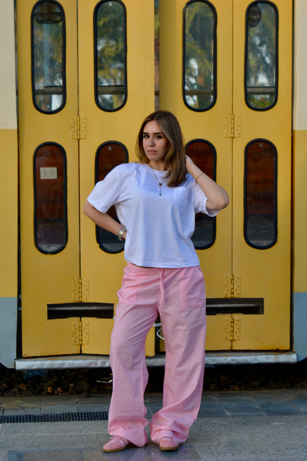 "I'M JUST A GIRL" Pink Striped Pants.