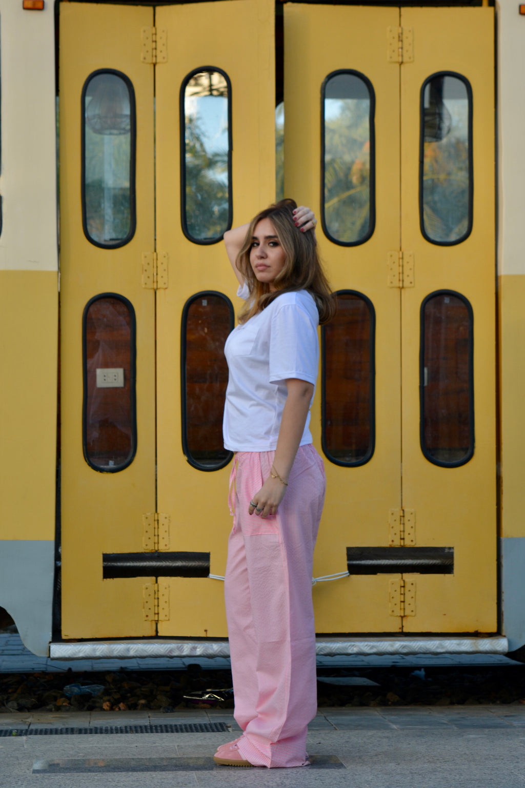 "I'M JUST A GIRL" Pink Striped Pants.