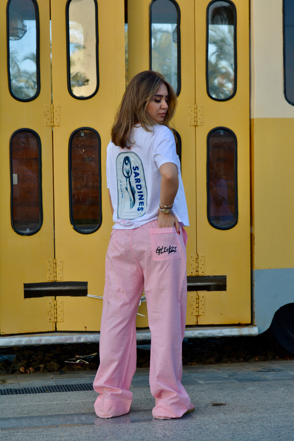 "I'M JUST A GIRL" Pink Striped Pants.